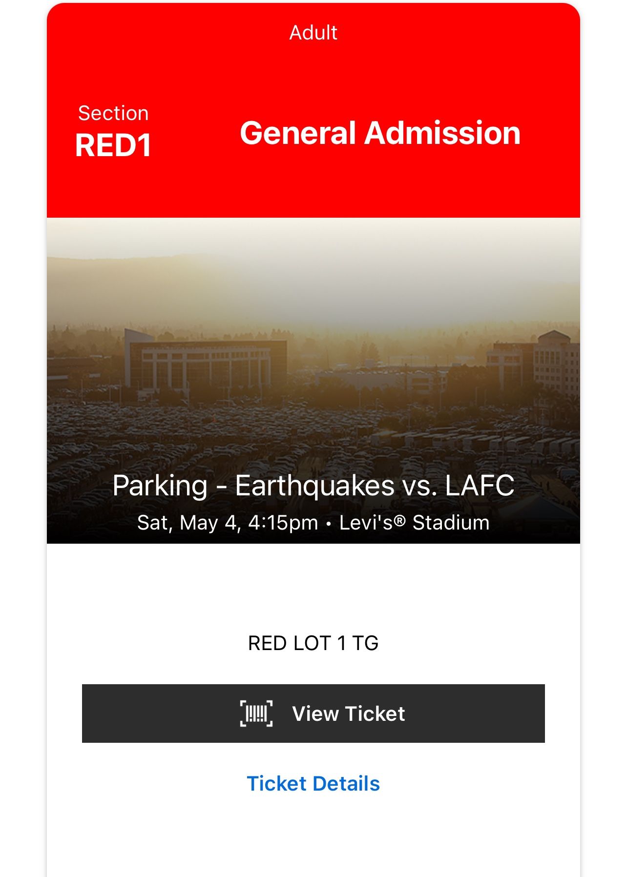 San Jose Earthquakes Vs LAFC Parking Pass Red 1