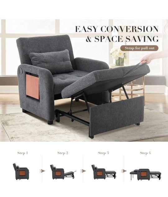 Convertible Sleeper Chair-Fabric Futon Sofa Bed, Single Sleeper Sofa, Small Couch Bed with USB Port, Foldable Table, Pillow, Adjustable Backrest for D