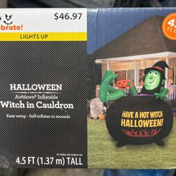 Halloween Witch In Cauldron Inflatable Decoration 
