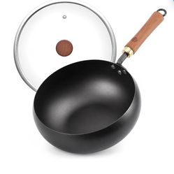 WANGYUANJI 9.5-Inch Carbon Steel Wok with Lid, Flat Bottom Stir Fry Pan Deep 3.5 QT bowl for 1–2 servings; smooth carbon steel surface; flat base for 