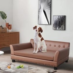Large Dog Sofa Bed: Dogs Indoor Raised Lounge Chaise Couches Made by Faux Leather - Big Fancy Doggy Furniture Style Beds Mattress Orthopedic for Giant