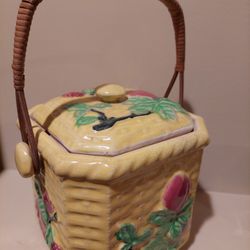 Antique Vtg Large Ceramic Biscuit Jar w Rattan Handle Block & Floral Design JAPAN