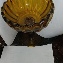 'Vintage Indiana Glass Amber Lotus Blossom Ppedestal Compote Bowl 7.5 tall x 6 1/4" bowl diameter.
