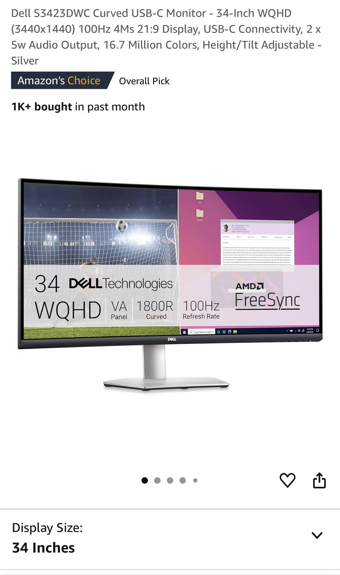 Dell S3423DWC Curved USB-C Monitor - 34-Inch WQHD (3440x1440)