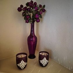 Purple Glass Vase with Candles Set