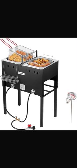 Outdoor Propane Fryer, Commercial Large Capacity 16QTx2 Dual Tank Deep Fryer, Stainless Steel Fish Fryer with 3 Baskets, Thermometer, Floor Fryers