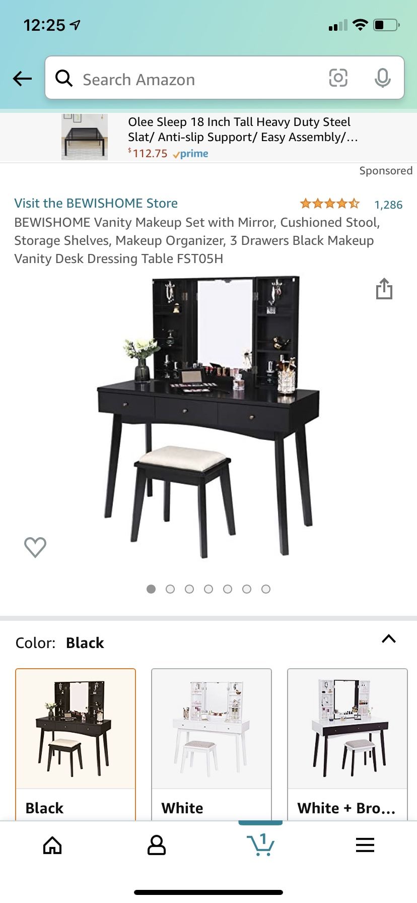 (NEW) BEWISHOME Vanity Makeup Set with Mirror, Cushioned Stool, Storage Shelves, Makeup Organizer, 3 Drawers Black Makeup Vanity Desk Dressing Table F