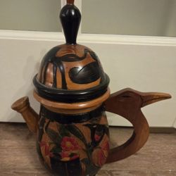 Preowned Vintage Handcarved Bird Wooden Tropical Floral Pitcher With Lid 12"