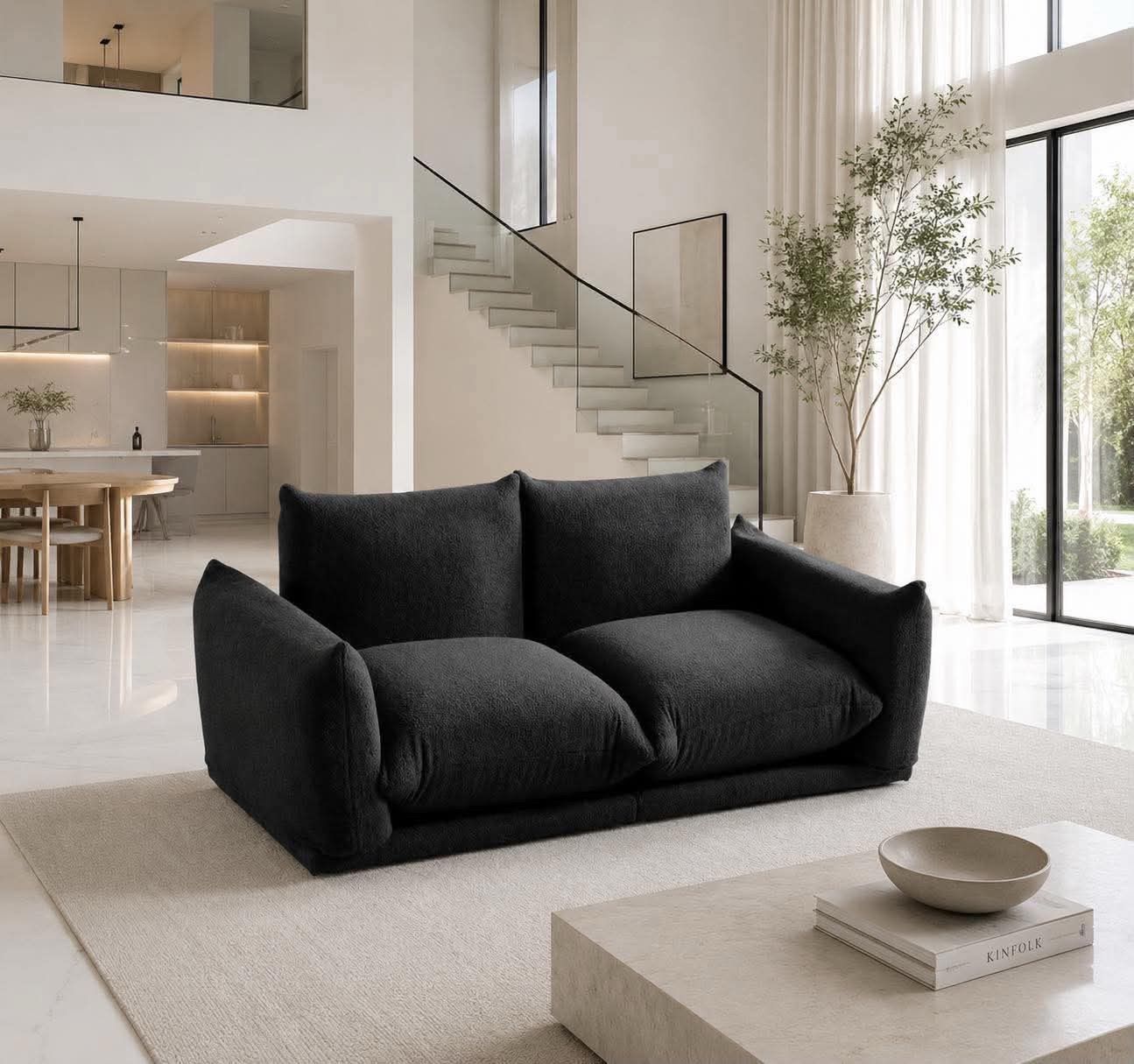 Mid-Century Modern Comfy Sofa Couch with Thick Cushion, Loveseat lambswool velvet black H-61