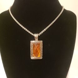 Rectangular Silvertone Orange Pendant Necklace Stunning! 1.25" Pendant 20" Chain F11 