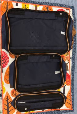 3-Piece Navy Blue Travel Packing Organizer Cube Set with Tan TrimNavy Deluxe Travel Luggage Organizer Bag Set - 3 Pieces, Mesh Windows