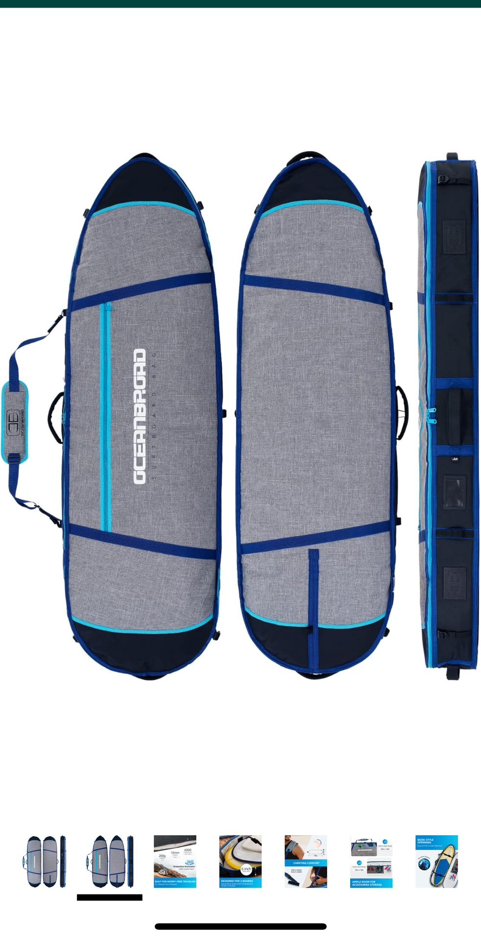 OCEANBROAD Surfboard Longboard Travel Bag Double for 2 Boards 6'0, 6'6, 7'0, 7'6, 8'0, 8'6