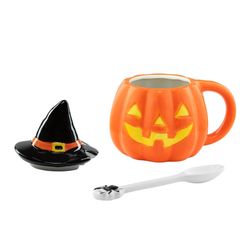 Set of 6 Mr. Halloween Lidded Jack-O-Lantern Mugs with Spoons