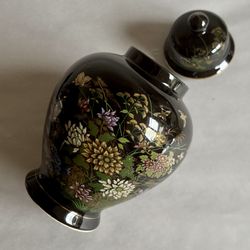 Vintage Japanese Black Porcelain Floral Themed Ginger Jar