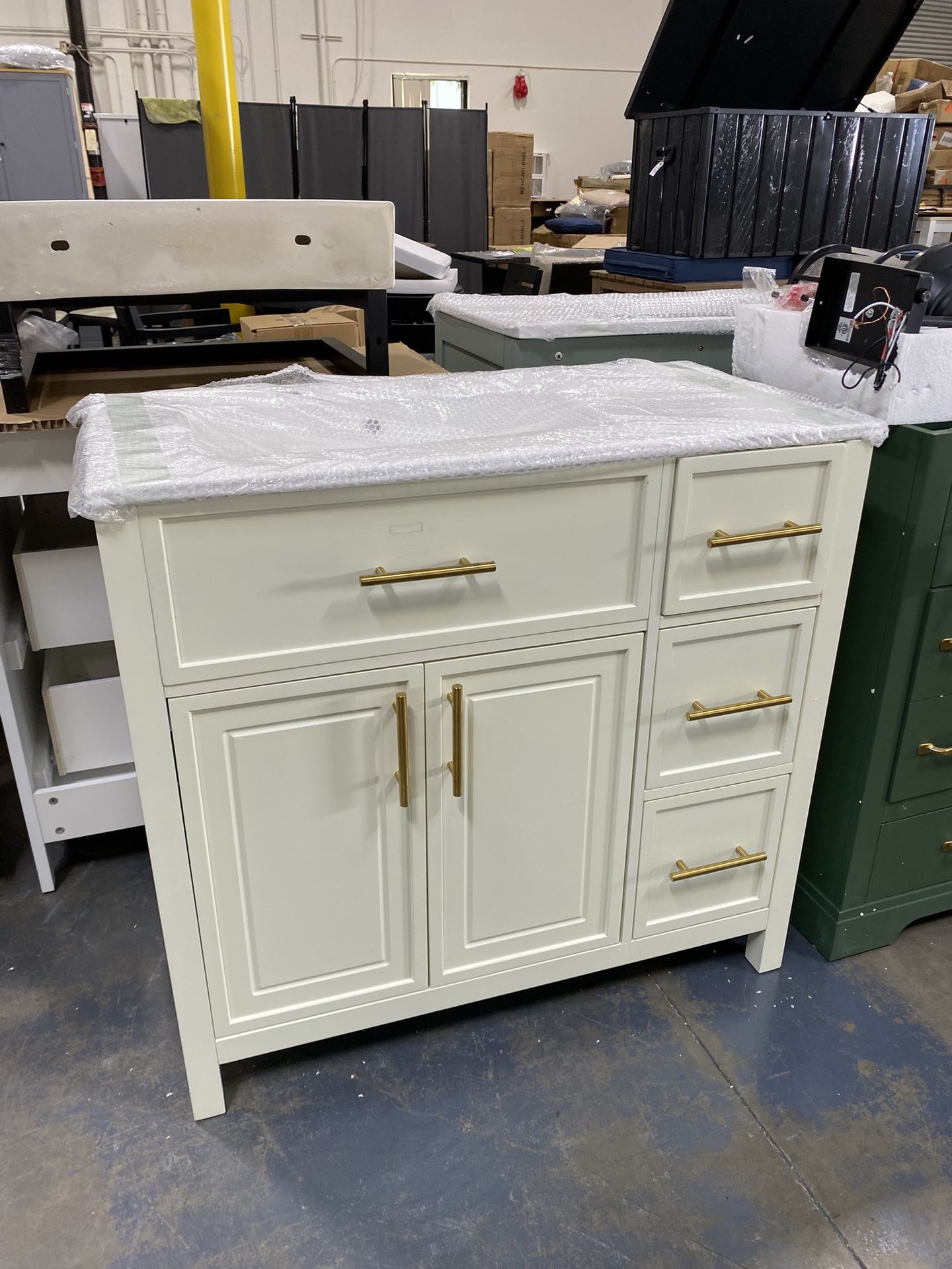 New Assembled Light Beige Solid Wood 36" Bathroom Vanity Ceramic Sink Has Minor Stain