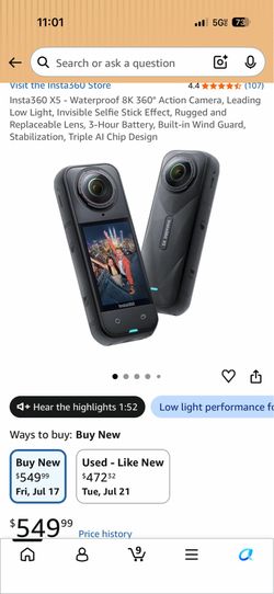Waterproof 8K 360° Action Camera, Leading Low Light, Invisible Selfie Stick Effect, Rugged and Replaceable Lens, 3-Hour Battery, Built-in Wind Guard, 
