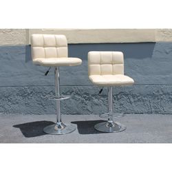 Pair of Cream Faux Leather Adjustable Bar Stools