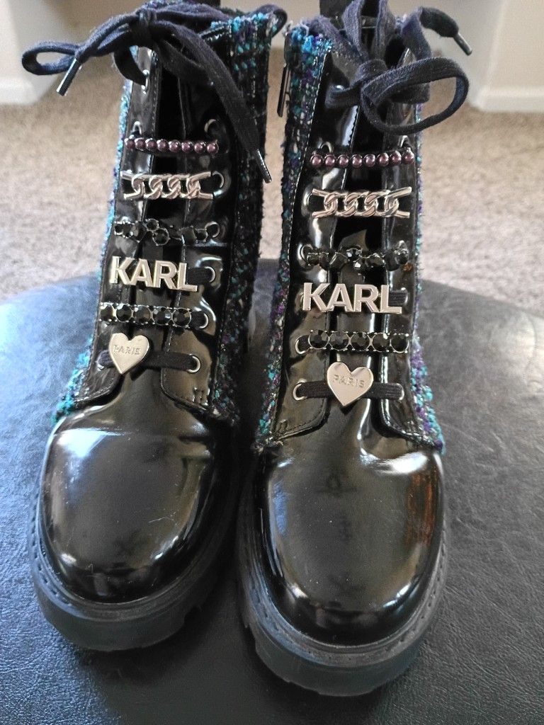 Karl Lagerfeld Paris Mela Embellished Combat Booties Black Blue Women's Size 8M