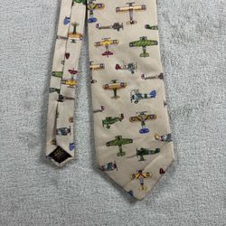 Vintage Alynn Neckwear Tie Silk US Warplanes Tan 1980s WWII Aviation Men Novelty