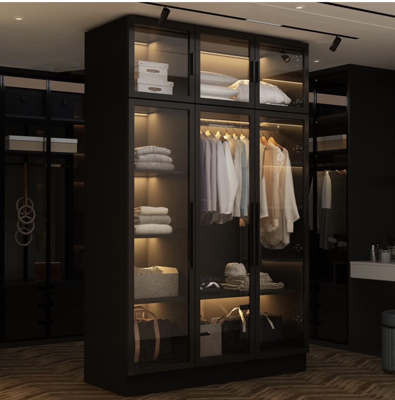 Wardrobe Cabinet with LED Lights, Armoire Closet with Glass Doors, Wooden Large Wardrobe with Hanging Rod & 5 Tiers Shelf, Modern Bedroom Armoire Clot