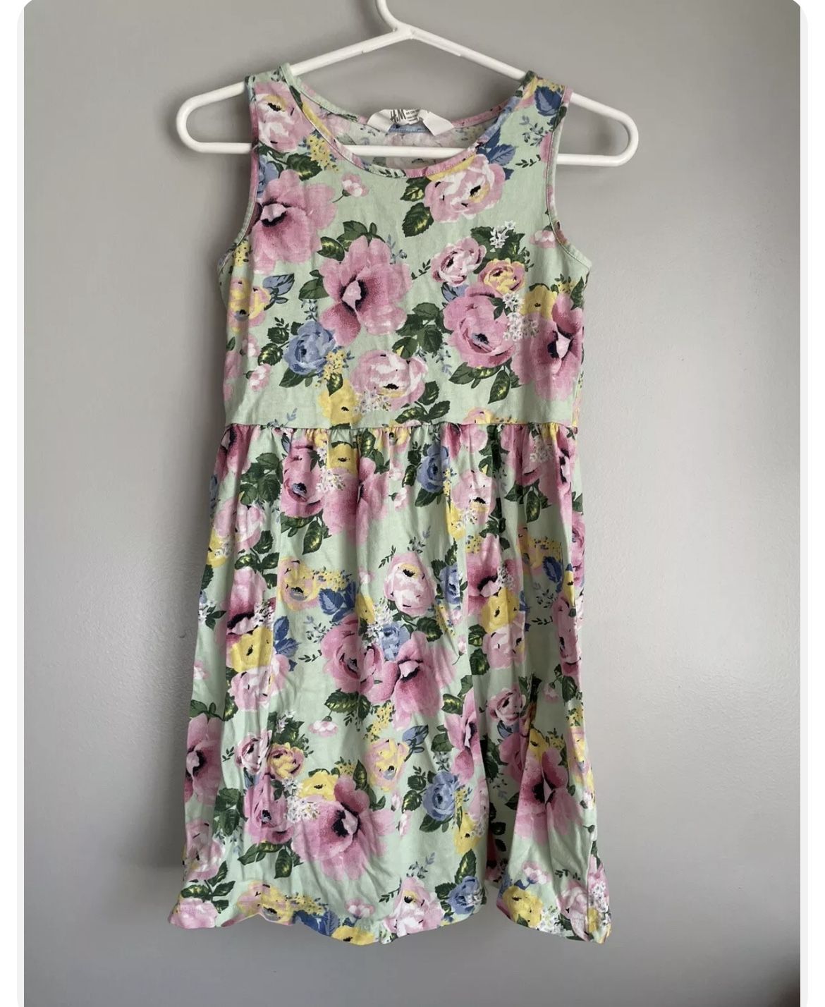 H&M Size 8-10 Floral Tank Dress Comfy Cotton Green Pink Yellow Girls Easter