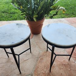 2 Round Marbled Iron End Tables