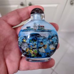 Reverse Hand Painted Snuff Bottle with Wood Brown Lid