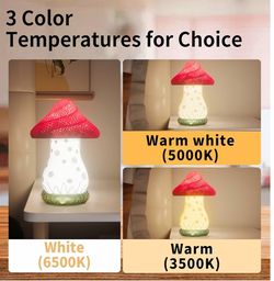 Mushroom Lamp, Battery Operated Bedside Lamp, 3-Way Dimmable Touch Lamp, Auto-Rotating Rechargeable