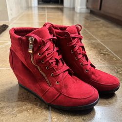 Red Suede Wedge Sneakers
