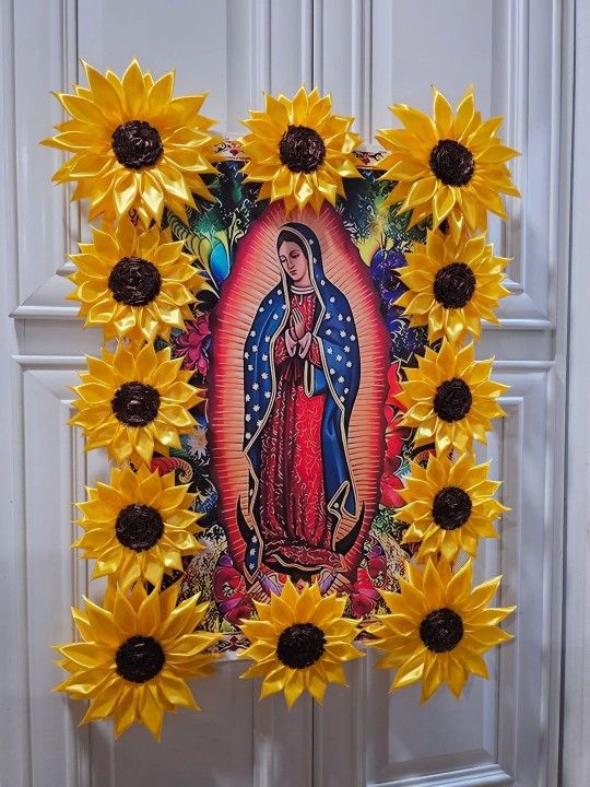 Virgen Maria Guadalupe Canvas With Sun Flower