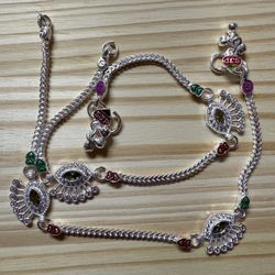 PAIR STERLING SILVER payal red green meena crystals BELL ANKLET BOLLYWOOD INDIA