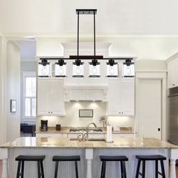 Open Box New TULUCE 6 Light Farmhouse Chandelier Lighting Vintage Pendant Lighting Clear Glass Shade Flush Mount Lighting Fixture Black Pendant Lamp