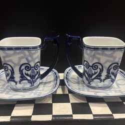 Bombay Chinoiserie Square Blue And White Coffee Mugs n saucers - 2 Sets