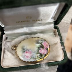 Antique Hand painted Rose Brooch