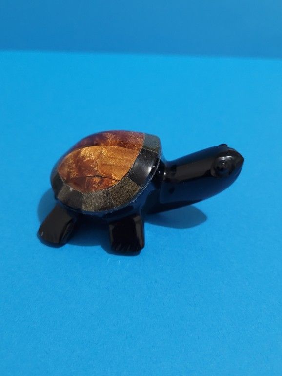 Hand Carved Polished Black Obsidian Turtle Gemstone Inlaid 3" Long.