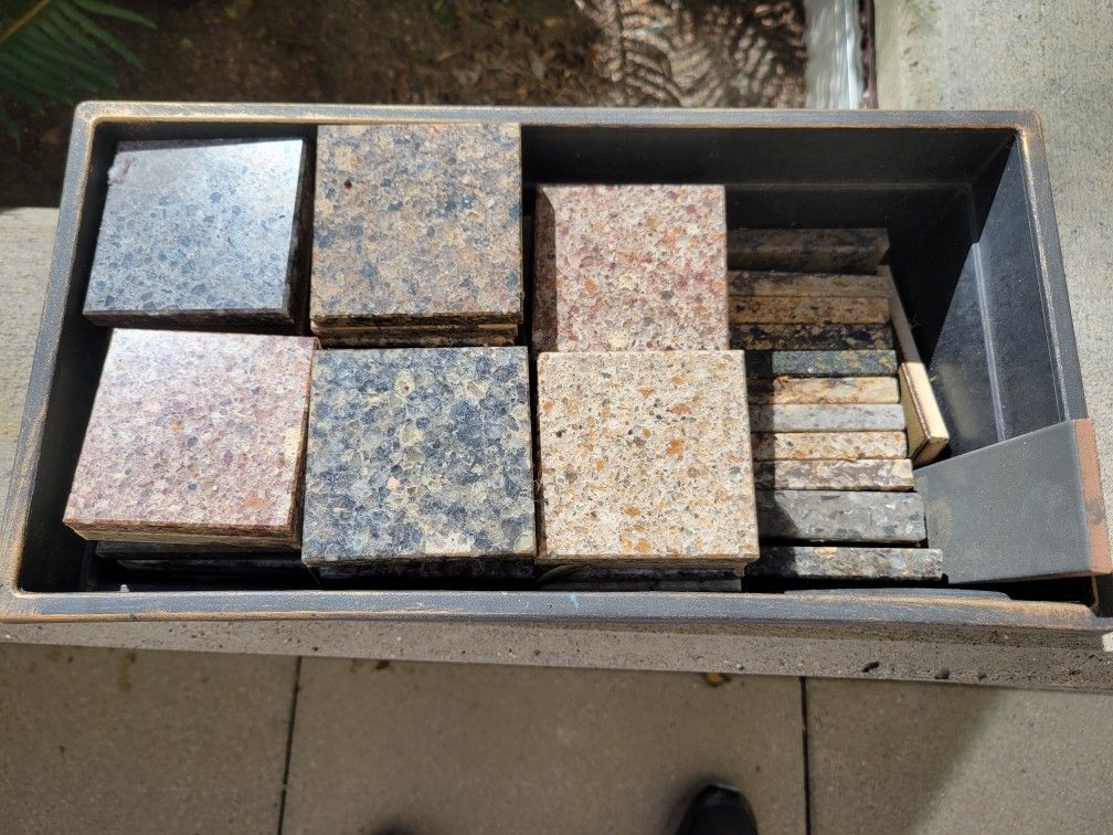 Bin of 75 marble & granite tiles