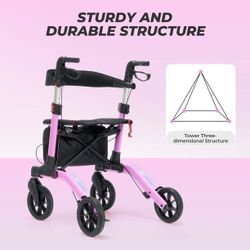 Rollator Walker with 8” All Terrain Wheels, 8 Level Adjustable Handle, Foldable Walkers for Seniors with Seat & Backrest, 300lbs, Purple