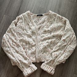 moon & madison ivory speckled cable-knit V-neck pullover sweater size L
