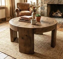 YY0016 31.5" Round Coffee Table, Solid Wood Farmhouse Center Cocktail Tea Table for Living Room