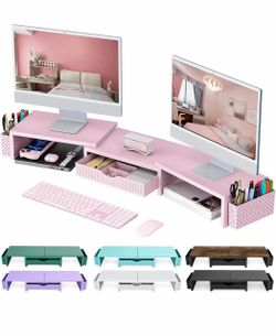 Dual Monitor Stand Riser with Drawers and Organizer