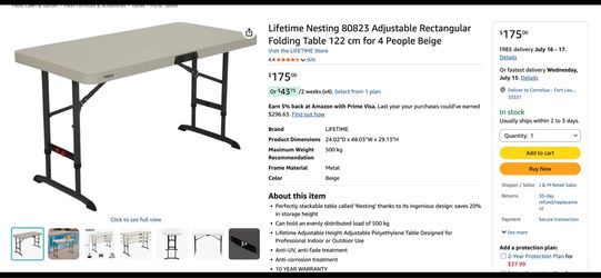 4 foot lifetime table. Adjustable height. Holds over 1,000 lbs