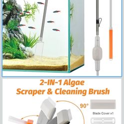 Aquarium Siphon Vacuum Cleaner Kit with 3 Replaceable Heads, Extra 2-in-1 Algae Scraper Cleaning Brush, Manually Siphon Ball Water Changer, Extendable