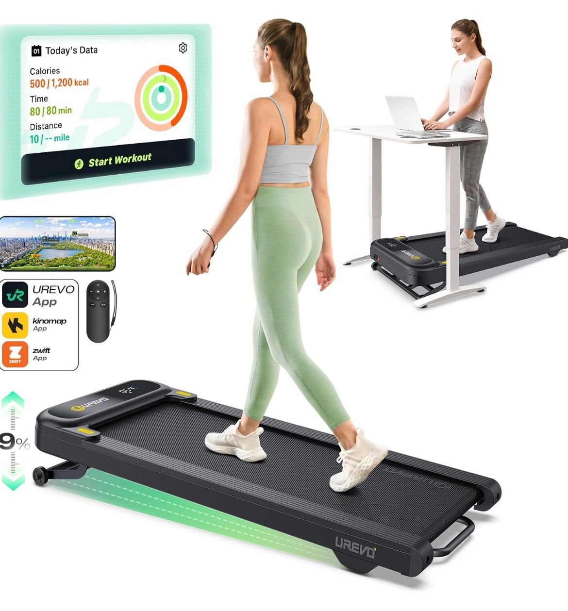 UREVO Smart Treadmill with 9% Incline, 3-in-1 Walking Pad Treadmill for Home & Office, Runner-Focused Design, Auto Incline, Dual Display, Plug & Play