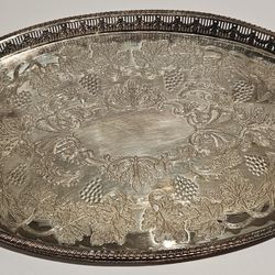 Sheffield Plate Large Oval Tray, Grape Leaf and Cluster, Pierced Body