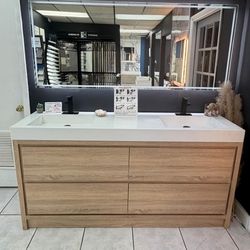 72" Double Sink Freestanding Natural Wood Color Bathroom Vanity  