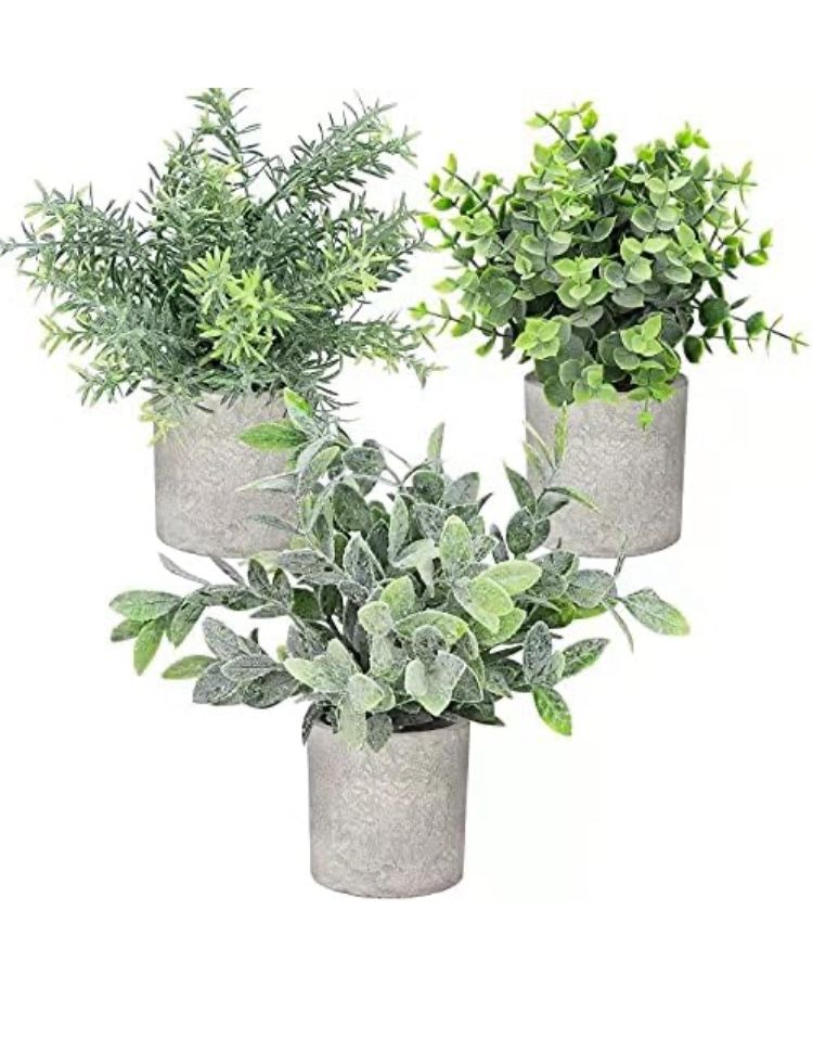 Artificial Plants Set of 3 Fake Eucalyptus Rosemary Grass in Grey Pots for Farmhouse Home décor Indoor