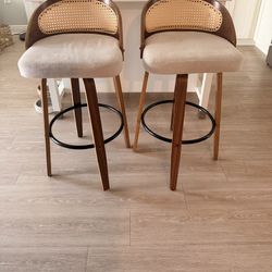 Modern Cane Back Counter Stools (Set of 2) – Wood & Upholstered