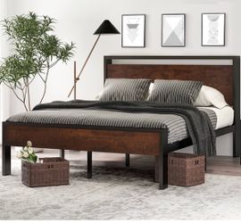 Full Size Walnut Brown Wooden and Metal Platform Bed Frame