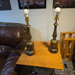 Pair Brass Antique Cherub Table Lamps