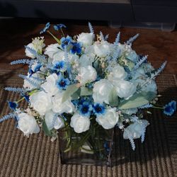  Floral Arrangement In Heavy Glass Rectangle  Vase w/ New Blue Flowers w/ Lavender  & White Roses